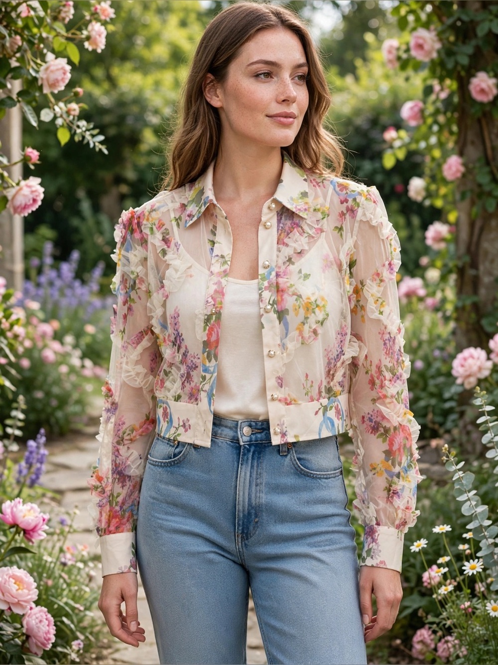 floral sheer mesh ruffle jacket coquette romantic pearl buttons